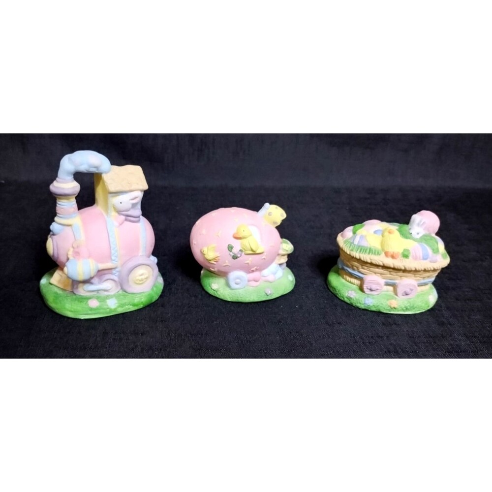 Bisque Ceramic Easter Egg Train 3 Figures Bunny Rabbit Chick Spring Flowers